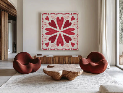 Sweet Hearts IV by Anne Tavoletti. Shown as extra-large giant wall art in a modern living room. Available as an archival giclee rolled canvas, fine art paper, or poster print. SKU 96256a.