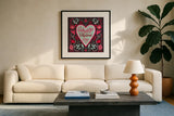 Sweet Hearts VI by Anne Tavoletti. Displayed in a glass frame with matte in a clean modern living room. Available as an archival giclee rolled canvas, fine art paper, or poster print. SKU 96258a.