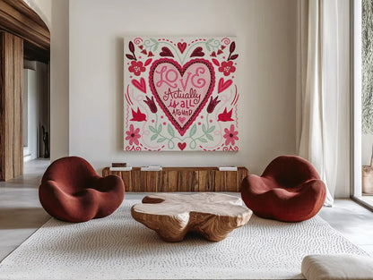 Sweet Hearts VI v2 by Anne Tavoletti. Shown as extra-large giant wall art in a modern living room. Available as an archival giclee rolled canvas, fine art paper, or poster print. SKU 97412a.