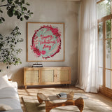 Sweet Hearts VII by Anne Tavoletti. Shown in a natural wood frame in a cozy modern living room. Available as an archival giclee rolled canvas, fine art paper, or poster print. SKU 96259a.