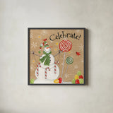 Sweet Snowmen I by Anne Tavoletti. Shown in a sleek black glass frame for a contemporary gallery look. Available as an archival giclee rolled canvas, fine art paper, or poster print. SKU 20562a.