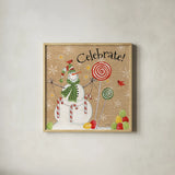 Sweet Snowmen I by Anne Tavoletti. Shown in a natural wood glass frame for a timeless modern aesthetic. Available as an archival giclee rolled canvas, fine art paper, or poster print. SKU 20562a.