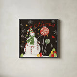 Sweet Snowmen I Black by Anne Tavoletti. Shown in a sleek black glass frame for a contemporary gallery look. Available as an archival giclee rolled canvas, fine art paper, or poster print. SKU 20566a.