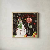 Sweet Snowmen I Black by Anne Tavoletti. Shown in a natural wood glass frame for a timeless modern aesthetic. Available as an archival giclee rolled canvas, fine art paper, or poster print. SKU 20566a.