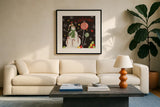 Sweet Snowmen I Black by Anne Tavoletti. Displayed in a glass frame with matte in a clean modern living room. Available as an archival giclee rolled canvas, fine art paper, or poster print. SKU 20566a.