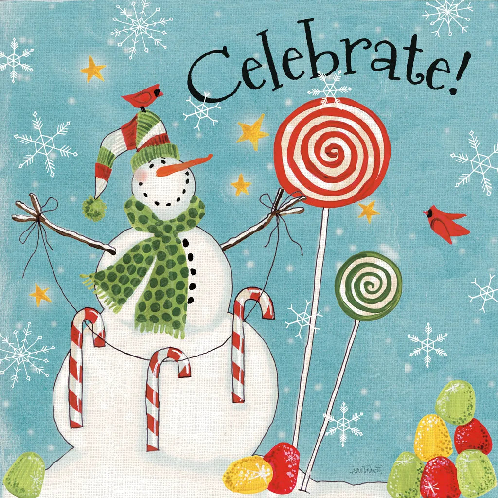 Sweet Snowmen I Blue by Anne Tavoletti. SKU 20570a. Archival Giclee Fine art print for wall decor.