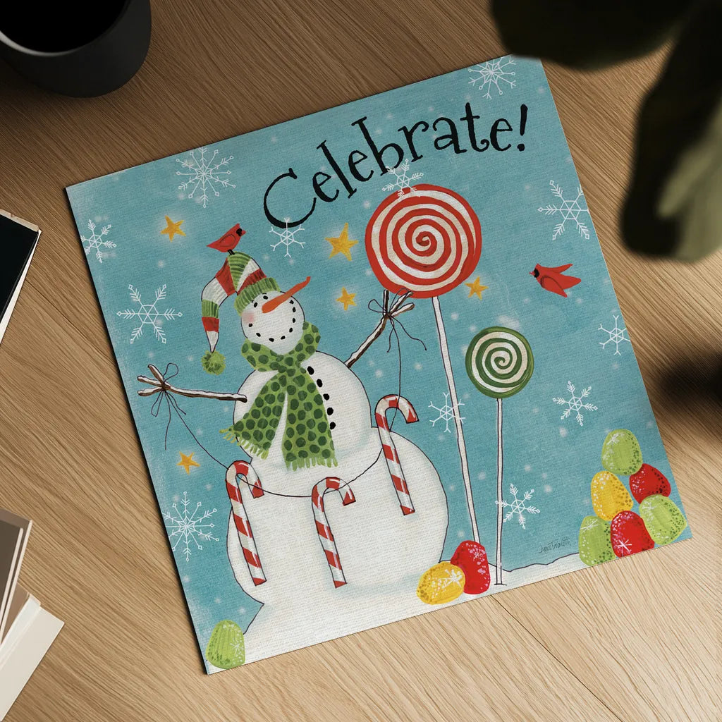 Sweet Snowmen I Blue by Anne Tavoletti. Shown as a detailed flat fine art print, highlighting archival giclee quality. Available as an archival giclee rolled canvas, fine art paper, or poster print. SKU 20570a.