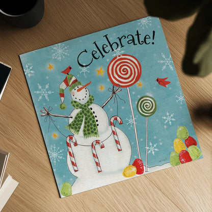 Sweet Snowmen I Blue by Anne Tavoletti. Shown as a detailed flat fine art print, highlighting archival giclee quality. Available as an archival giclee rolled canvas, fine art paper, or poster print. SKU 20570a.