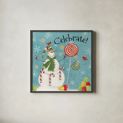 Sweet Snowmen I Blue by Anne Tavoletti. Shown in a sleek black glass frame for a contemporary gallery look. Available as an archival giclee rolled canvas, fine art paper, or poster print. SKU 20570a.