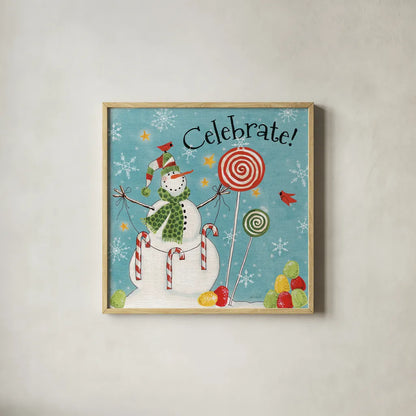 Sweet Snowmen I Blue by Anne Tavoletti. Shown in a natural wood glass frame for a timeless modern aesthetic. Available as an archival giclee rolled canvas, fine art paper, or poster print. SKU 20570a.