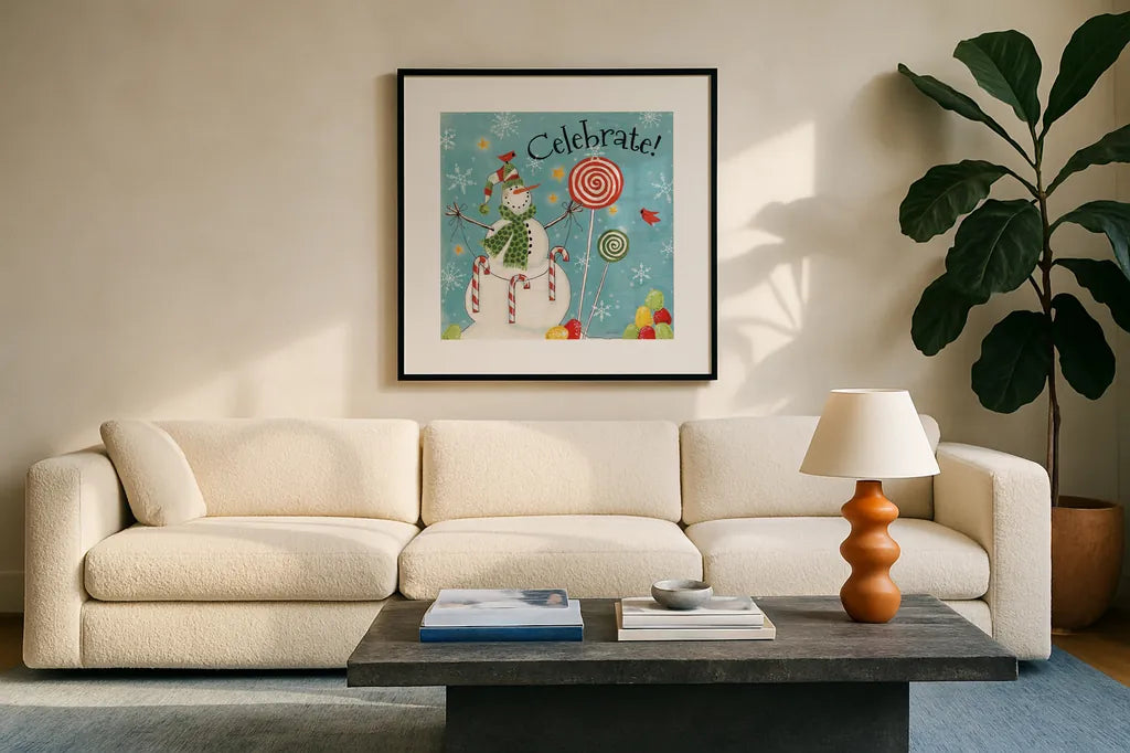 Sweet Snowmen I Blue by Anne Tavoletti. Displayed in a glass frame with matte in a clean modern living room. Available as an archival giclee rolled canvas, fine art paper, or poster print. SKU 20570a.