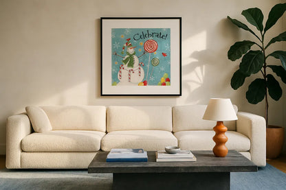 Sweet Snowmen I Blue by Anne Tavoletti. Displayed in a glass frame with matte in a clean modern living room. Available as an archival giclee rolled canvas, fine art paper, or poster print. SKU 20570a.