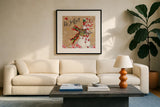 Sweet Snowmen II by Anne Tavoletti. Displayed in a glass frame with matte in a clean modern living room. Available as an archival giclee rolled canvas, fine art paper, or poster print. SKU 20563a.