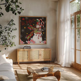 Sweet Snowmen II Black by Anne Tavoletti. Shown in a natural wood frame in a cozy modern living room. Available as an archival giclee rolled canvas, fine art paper, or poster print. SKU 20567a.