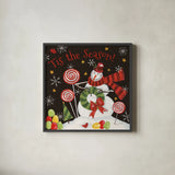 Sweet Snowmen III Black by Anne Tavoletti. Shown in a sleek black glass frame for a contemporary gallery look. Available as an archival giclee rolled canvas, fine art paper, or poster print. SKU 20568a.