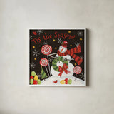 Sweet Snowmen III Black by Anne Tavoletti. Shown in a crisp white glass frame for a clean and minimalist style. Available as an archival giclee rolled canvas, fine art paper, or poster print. SKU 20568a.
