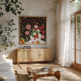 Sweet Snowmen III Black by Anne Tavoletti. Shown in a natural wood frame in a cozy modern living room. Available as an archival giclee rolled canvas, fine art paper, or poster print. SKU 20568a.