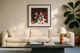 Sweet Snowmen III Black by Anne Tavoletti. Displayed in a glass frame with matte in a clean modern living room. Available as an archival giclee rolled canvas, fine art paper, or poster print. SKU 20568a.