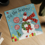 Sweet Snowmen III Blue by Anne Tavoletti. Shown as a detailed flat fine art print, highlighting archival giclee quality. Available as an archival giclee rolled canvas, fine art paper, or poster print. SKU 20572a.