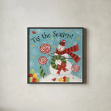 Sweet Snowmen III Blue by Anne Tavoletti. Shown in a sleek black glass frame for a contemporary gallery look. Available as an archival giclee rolled canvas, fine art paper, or poster print. SKU 20572a.