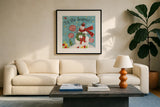Sweet Snowmen III Blue by Anne Tavoletti. Displayed in a glass frame with matte in a clean modern living room. Available as an archival giclee rolled canvas, fine art paper, or poster print. SKU 20572a.
