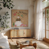 Sweet Snowmen IV by Anne Tavoletti. Shown in a natural wood frame in a cozy modern living room. Available as an archival giclee rolled canvas, fine art paper, or poster print. SKU 20565a.