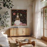 Sweet Snowmen IV Black by Anne Tavoletti. Shown in a natural wood frame in a cozy modern living room. Available as an archival giclee rolled canvas, fine art paper, or poster print. SKU 20569a.