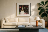 Sweet Snowmen IV Black by Anne Tavoletti. Displayed in a glass frame with matte in a clean modern living room. Available as an archival giclee rolled canvas, fine art paper, or poster print. SKU 20569a.