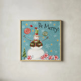 Sweet Snowmen IV Blue by Anne Tavoletti. Shown in a natural wood glass frame for a timeless modern aesthetic. Available as an archival giclee rolled canvas, fine art paper, or poster print. SKU 20573a.
