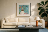 Sweet Snowmen IV Blue by Anne Tavoletti. Displayed in a glass frame with matte in a clean modern living room. Available as an archival giclee rolled canvas, fine art paper, or poster print. SKU 20573a.