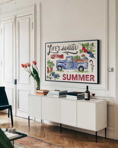 Sweet Summer I by Anne Tavoletti. shown as a framed stretched canvas in a living room above a console. Available as a archival giclee rolled canvas, fine art paper, or poster print. SKU 86735i.