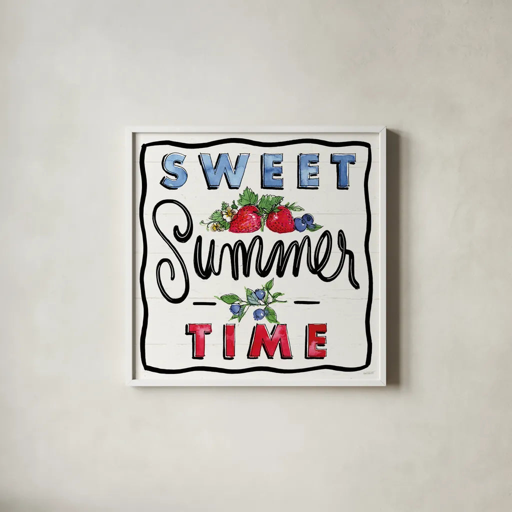 Sweet Summer III by Anne Tavoletti. Shown in a crisp white glass frame for a clean and minimalist style. Available as an archival giclee rolled canvas, fine art paper, or poster print. SKU 86737a.