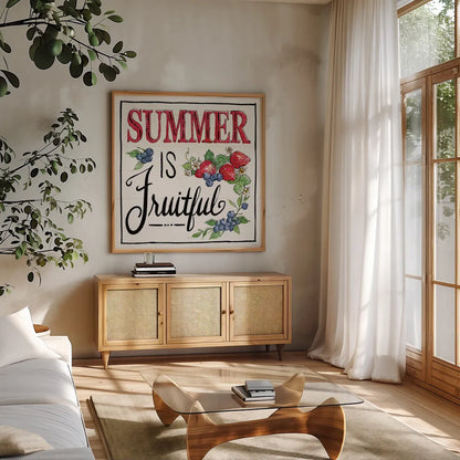 Sweet Summer IV by Anne Tavoletti. Shown in a natural wood frame in a cozy modern living room. Available as an archival giclee rolled canvas, fine art paper, or poster print. SKU 86738a.