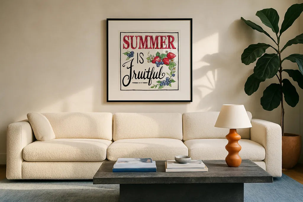 Sweet Summer IV by Anne Tavoletti. Displayed in a glass frame with matte in a clean modern living room. Available as an archival giclee rolled canvas, fine art paper, or poster print. SKU 86738a.