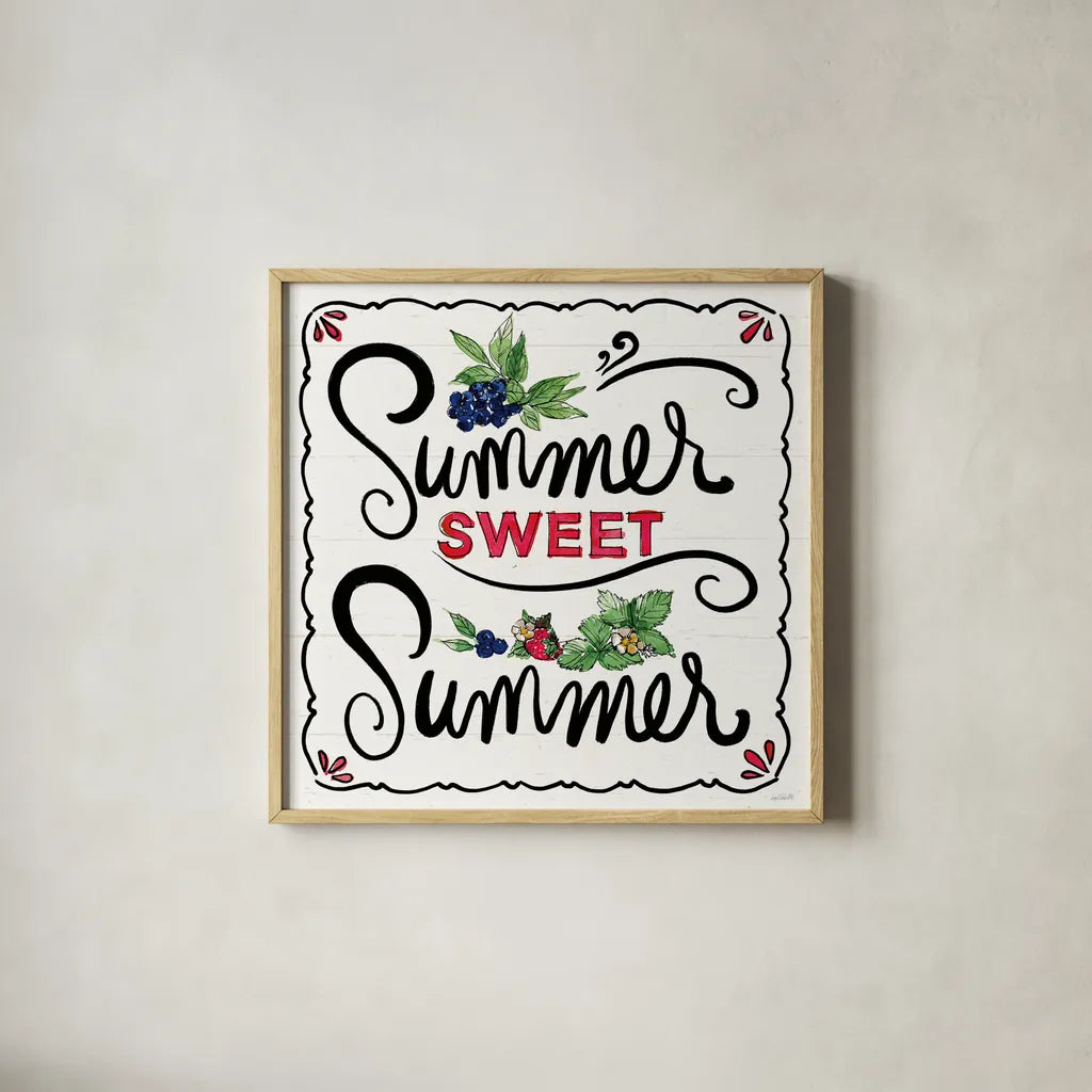 Sweet Summer V by Anne Tavoletti. Shown in a natural wood glass frame for a timeless modern aesthetic. Available as an archival giclee rolled canvas, fine art paper, or poster print. SKU 86739a.