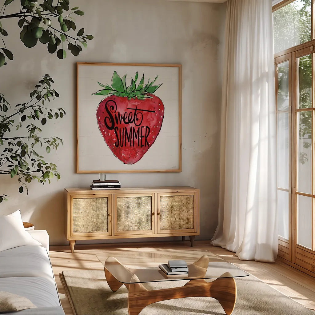 Sweet Summer VII by Anne Tavoletti. Shown in a natural wood frame in a cozy modern living room. Available as an archival giclee rolled canvas, fine art paper, or poster print. SKU 86741a.