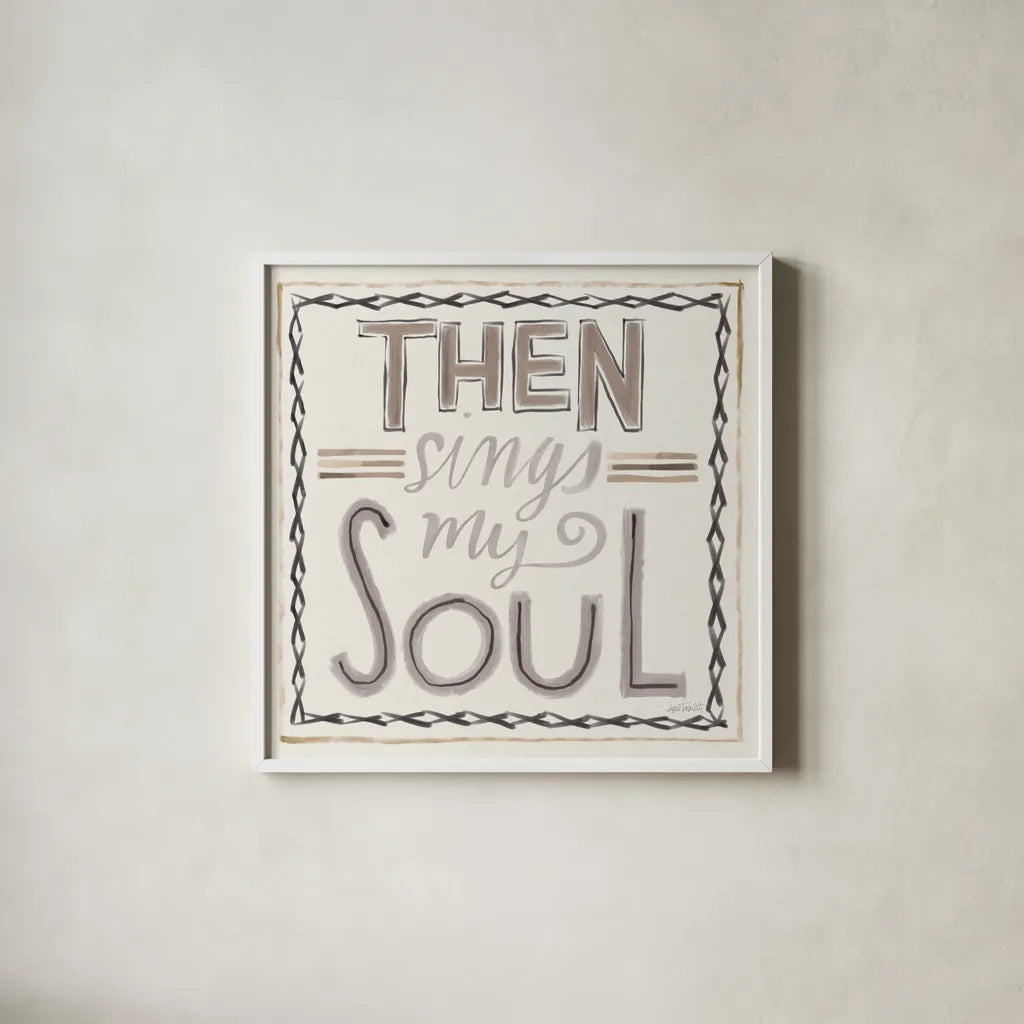 Then Sings I by Anne Tavoletti. Shown in a crisp white glass frame for a clean and minimalist style. Available as an archival giclee rolled canvas, fine art paper, or poster print. SKU 63190a.
