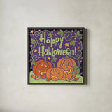 Three Halloween Pumpkins I by Anne Tavoletti. Shown in a sleek black glass frame for a contemporary gallery look. Available as an archival giclee rolled canvas, fine art paper, or poster print. SKU 73733a.