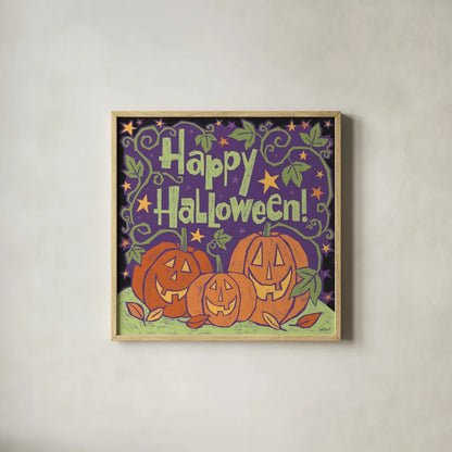 Three Halloween Pumpkins I by Anne Tavoletti. Shown in a natural wood glass frame for a timeless modern aesthetic. Available as an archival giclee rolled canvas, fine art paper, or poster print. SKU 73733a.