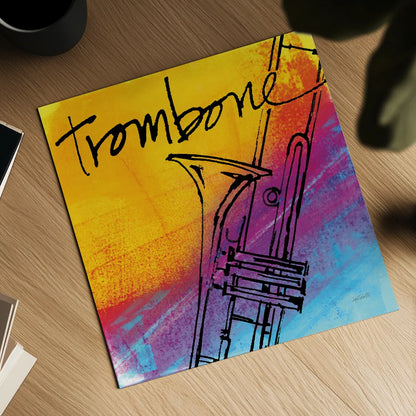 Trombone by Anne Tavoletti. Shown as a detailed flat fine art print, highlighting archival giclee quality. Available as an archival giclee rolled canvas, fine art paper, or poster print. SKU 59276a.