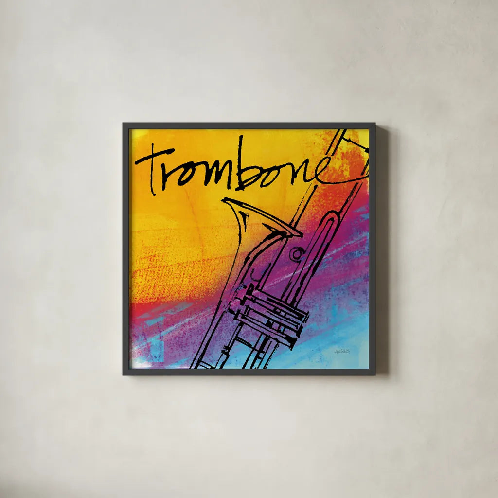 Trombone by Anne Tavoletti. Shown in a sleek black glass frame for a contemporary gallery look. Available as an archival giclee rolled canvas, fine art paper, or poster print. SKU 59276a.