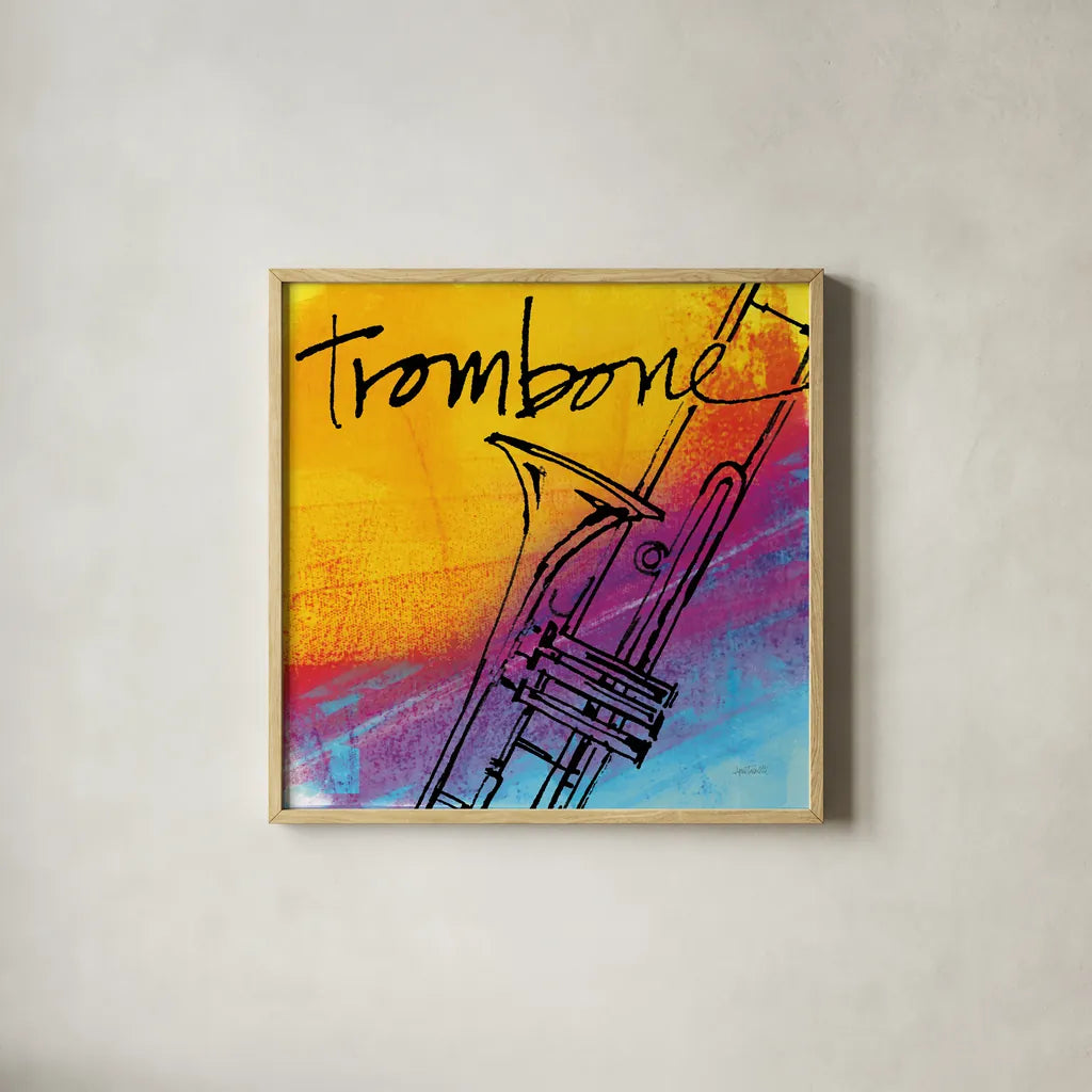 Trombone by Anne Tavoletti. Shown in a natural wood glass frame for a timeless modern aesthetic. Available as an archival giclee rolled canvas, fine art paper, or poster print. SKU 59276a.