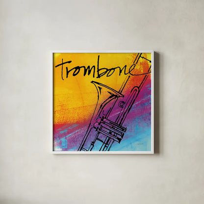 Trombone by Anne Tavoletti. Shown in a crisp white glass frame for a clean and minimalist style. Available as an archival giclee rolled canvas, fine art paper, or poster print. SKU 59276a.