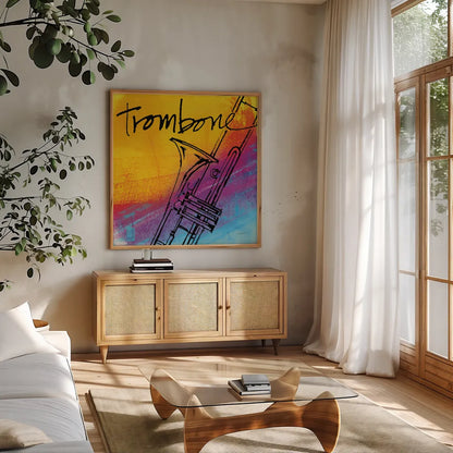 Trombone by Anne Tavoletti. Shown in a natural wood frame in a cozy modern living room. Available as an archival giclee rolled canvas, fine art paper, or poster print. SKU 59276a.