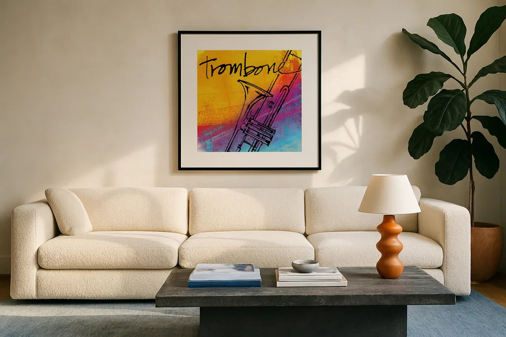 Trombone by Anne Tavoletti. Displayed in a glass frame with matte in a clean modern living room. Available as an archival giclee rolled canvas, fine art paper, or poster print. SKU 59276a.