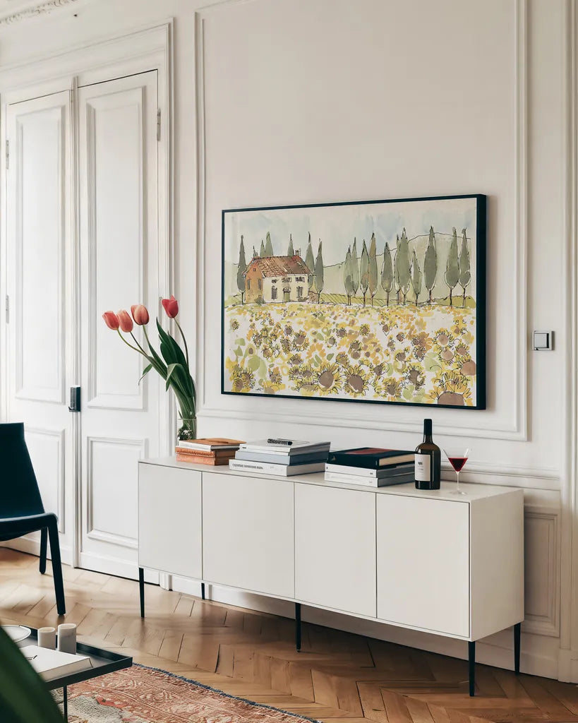 Tuscan Elegance I by Anne Tavoletti. shown as a framed stretched canvas in a living room above a console. Available as a archival giclee rolled canvas, fine art paper, or poster print. SKU 31917i.