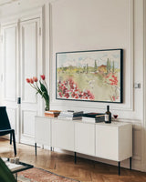 Tuscan Elegance II by Anne Tavoletti. shown as a framed stretched canvas in a living room above a console. Available as a archival giclee rolled canvas, fine art paper, or poster print. SKU 31918i.