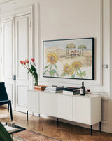 Tuscan Elegance III by Anne Tavoletti. shown as a framed stretched canvas in a living room above a console. Available as a archival giclee rolled canvas, fine art paper, or poster print. SKU 31919i.