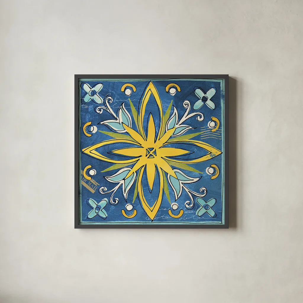 Tuscan Sun Tiles I Color by Anne Tavoletti. Shown in a sleek black glass frame for a contemporary gallery look. Available as an archival giclee rolled canvas, fine art paper, or poster print. SKU 15613a.