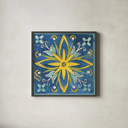 Tuscan Sun Tiles I Color by Anne Tavoletti. Shown in a sleek black glass frame for a contemporary gallery look. Available as an archival giclee rolled canvas, fine art paper, or poster print. SKU 15613a.